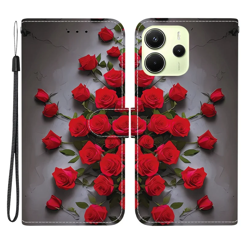 Per Xiaomi Redmi Note 14 4G (164,84 mm) Cover in Pelle con Supporto Portafoglio, Stampa a Motivi, Cover per Telefono con Cinturino da Polso - Rosa Rossa
