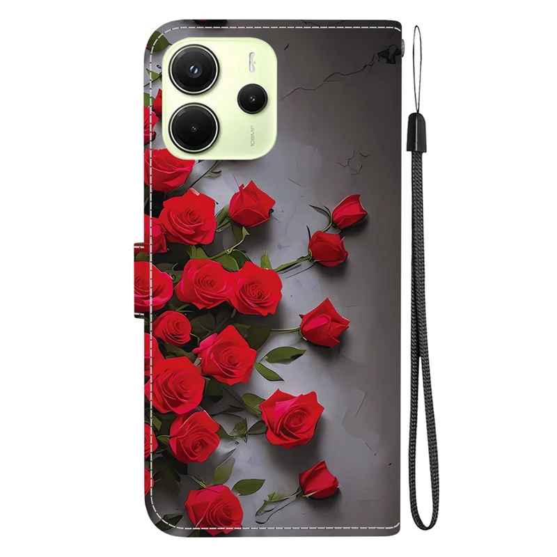 Per Xiaomi Redmi Note 14 4G (164,84 mm) Cover in Pelle con Supporto Portafoglio, Stampa a Motivi, Cover per Telefono con Cinturino da Polso - Rosa Rossa