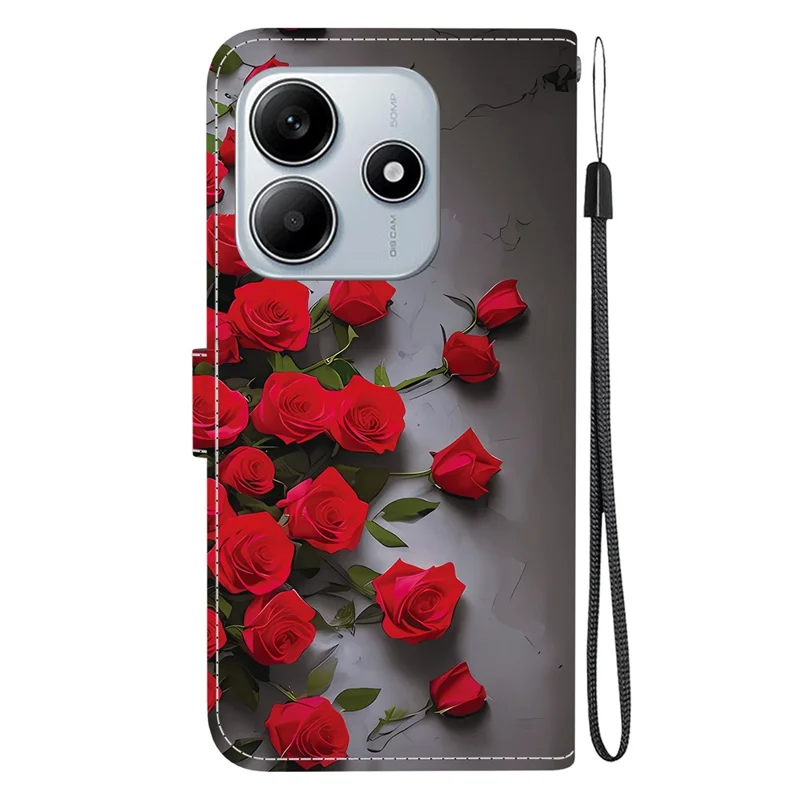 Funda de Cuero con Soporte y Cartera para Xiaomi Redmi Note 14 5G, Diseño Estampado con Correa de Muñeca - Rosa Rojo