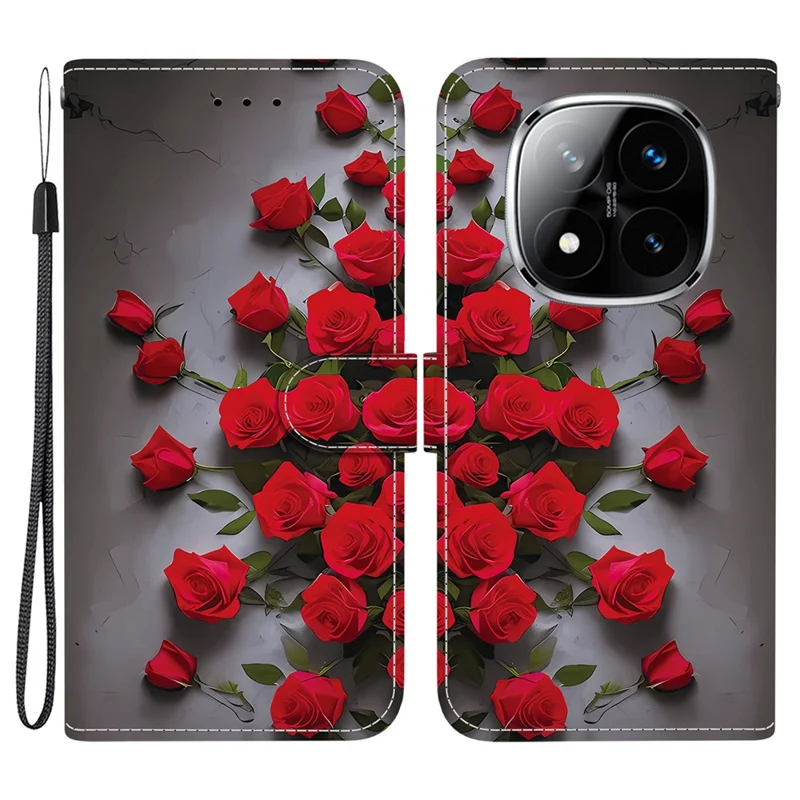 Funda de cuero con soporte tipo cartera y estampado de patrón para Xiaomi Redmi Note 14 Pro+ 5G / Note 14 Pro 5G, con correa de muñeca - Rosa Rojo