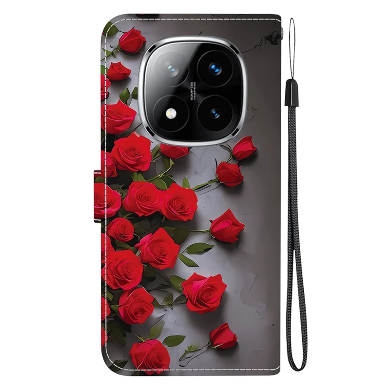 Funda de cuero con soporte tipo cartera y estampado de patrón para Xiaomi Redmi Note 14 Pro+ 5G / Note 14 Pro 5G, con correa de muñeca - Rosa Rojo
