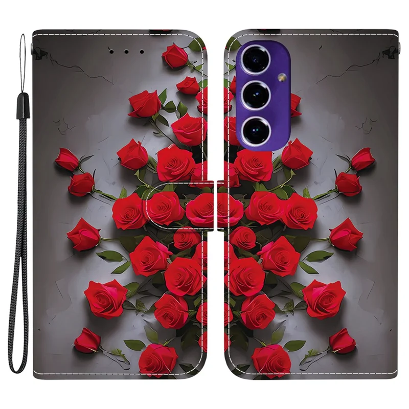 For Samsung Galaxy A16 5G  /  4G Leather Case Stand Wallet Pattern Printing Phone Cover with Wrist Strap - Red Rose
