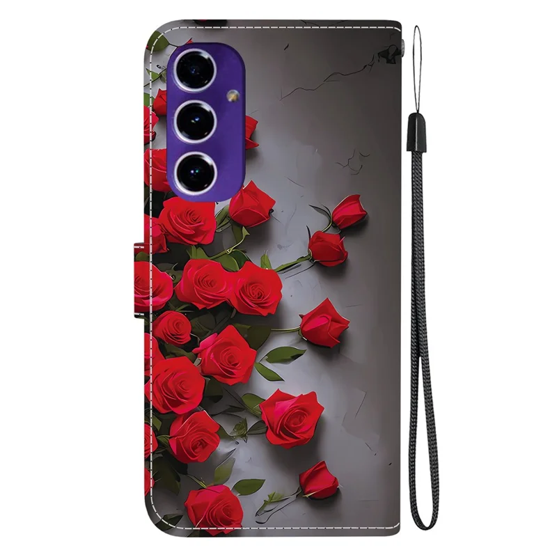 For Samsung Galaxy A16 5G  /  4G Leather Case Stand Wallet Pattern Printing Phone Cover with Wrist Strap - Red Rose