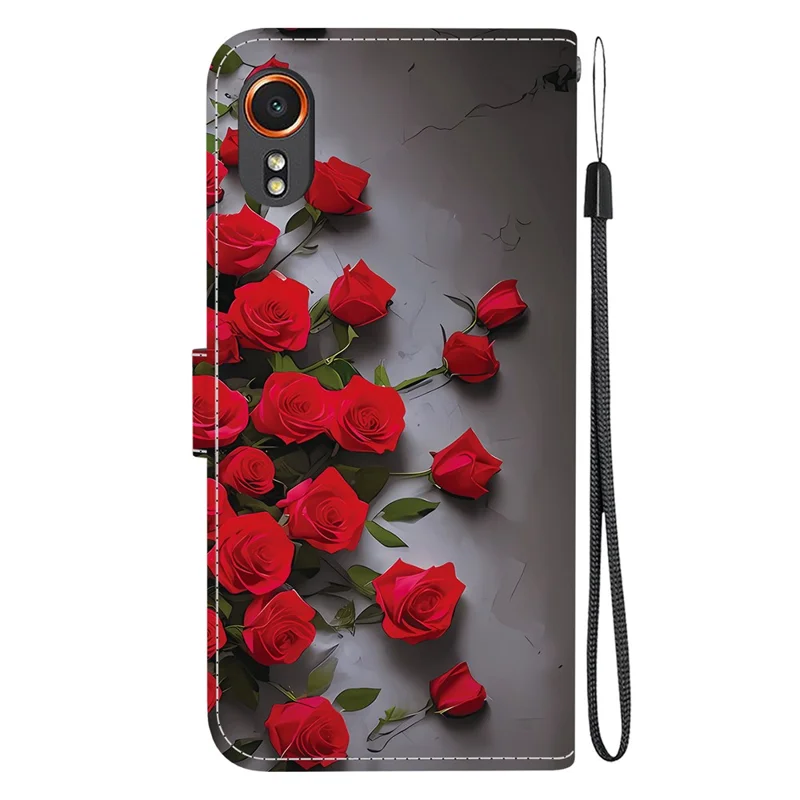 Pour Samsung Galaxy Xcover7 Étui en Cuir Support Portefeuille Motif Imprimé Housse de Téléphone avec Bracelet - Rose Rouge
