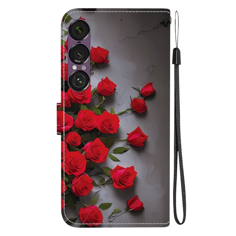 Funda de cuero con soporte y tarjetero para Sony Xperia 1 VII, con estampado de rosa roja y correa para la muñeca