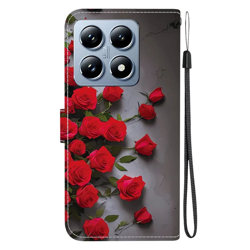 Funda de Cuero para Xiaomi 14T con Soporte, Cartera y Estampado de Patrón, Correa de Muñeca - Rosa Rojo