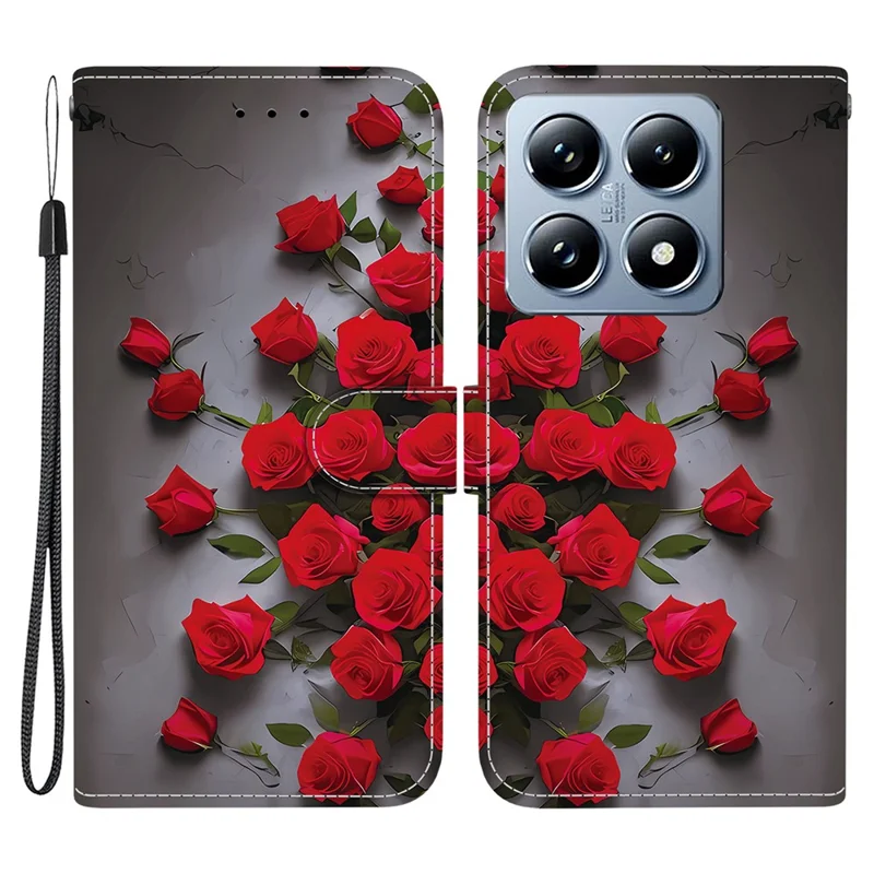 Funda de Cuero con Soporte y Cartera para Xiaomi 14T Pro - Estampado de Patrón con Correa de Muñeca - Rosa Rojo