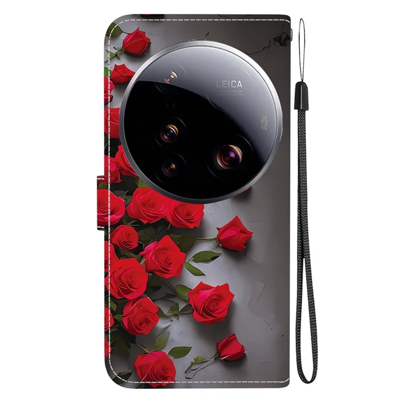 Funda de Cuero con Soporte y Cartera para Xiaomi 15 Ultra - Estampado de Patrón con Correa de Muñeca - Rosa Rojo