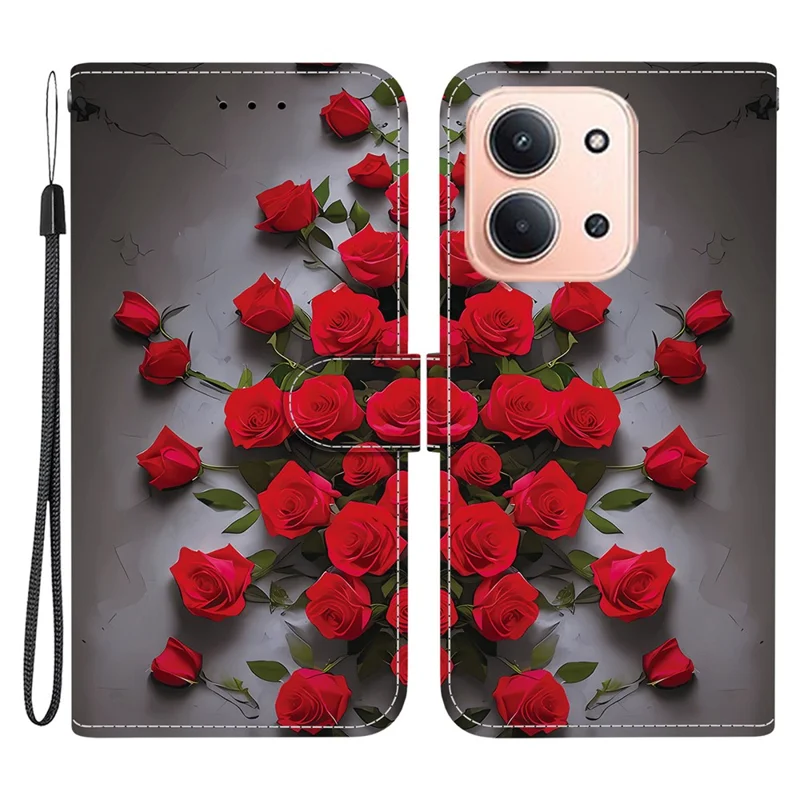 Per Xiaomi Redmi 15C 4G (UE) (173mm) Custodia in Pelle con Supporto Portafoglio, Stampa a Motivi, Cover per Telefono con Cinturino da Polso - Rosa Rossa