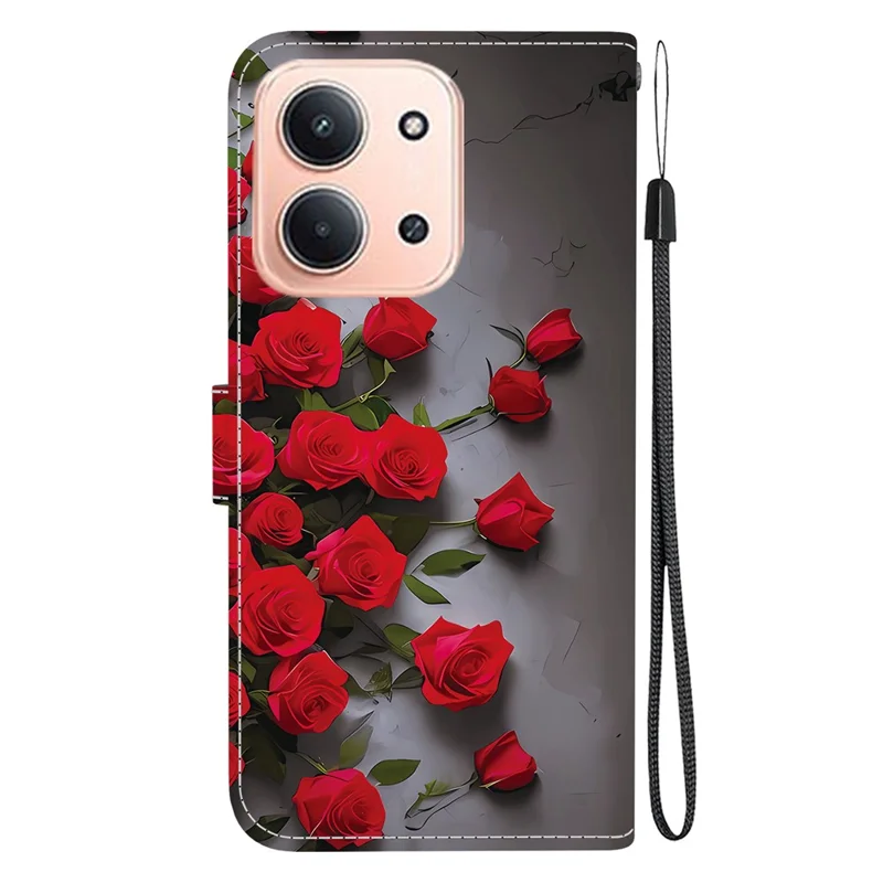 Per Xiaomi Redmi 15C 4G (UE) (173mm) Custodia in Pelle con Supporto Portafoglio, Stampa a Motivi, Cover per Telefono con Cinturino da Polso - Rosa Rossa