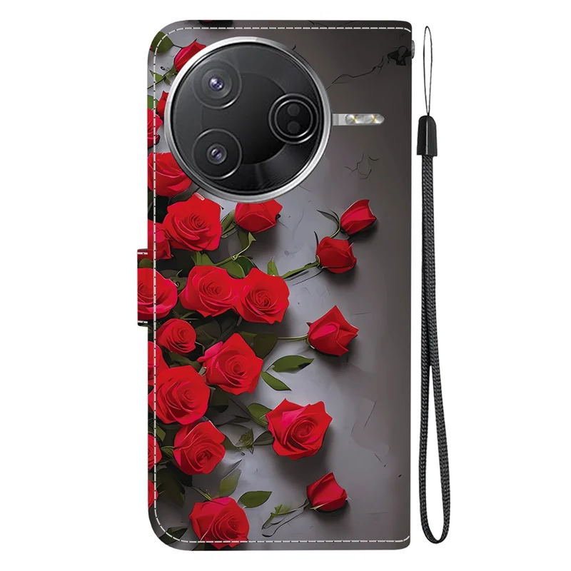 Leather Case For Xiaomi Redmi K80 Pro 5G  /  K80 5G  /  Poco F7 Pro 5G  /  F7 Ultra 5G Pattern Printing Phone Cover with Wrist Strap - Red Rose