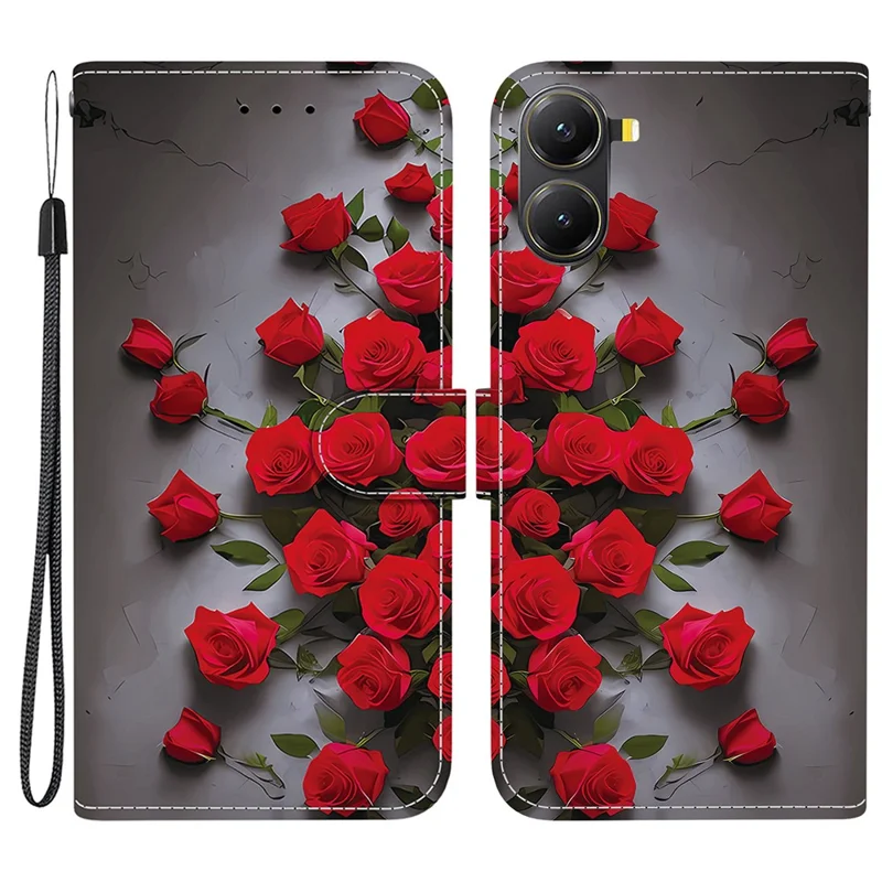 Capa de couro com suporte e carteira para Xiaomi Redmi Turbo 4 5G / Poco X7 Pro 5G com estampa e alça de pulso - Rosa Vermelha