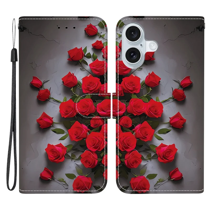 Für iPhone 16 Plus Lederhülle Ständer Brieftasche Mustergedruckte Handyhülle mit Handschlaufe - Rote Rose