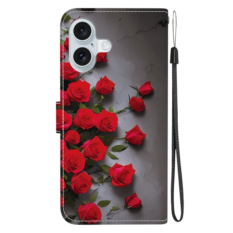 Für iPhone 16 Plus Lederhülle Ständer Brieftasche Mustergedruckte Handyhülle mit Handschlaufe - Rote Rose