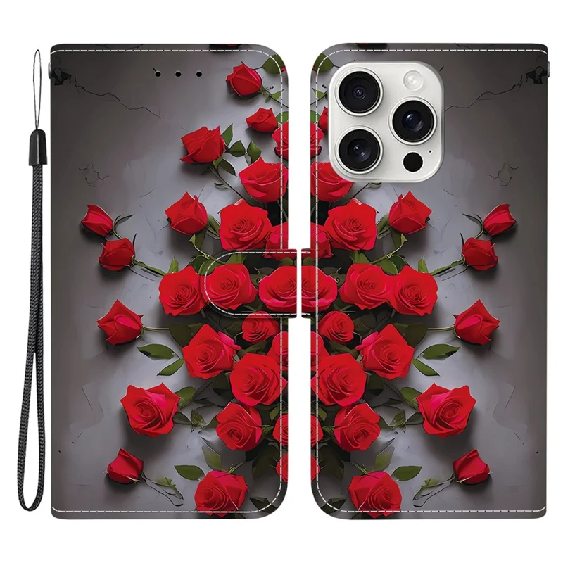 Funda de cuero con soporte tipo cartera para iPhone 16 Pro, estampado de patrón, con correa de muñeca - Rosa rojo