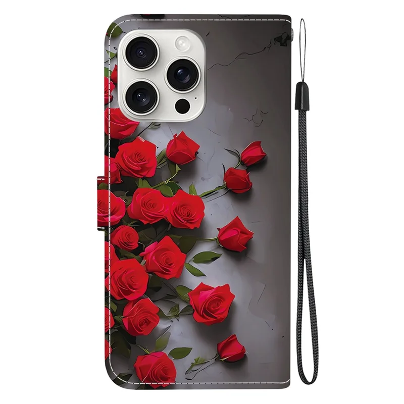 Funda de cuero con soporte tipo cartera para iPhone 16 Pro, estampado de patrón, con correa de muñeca - Rosa rojo
