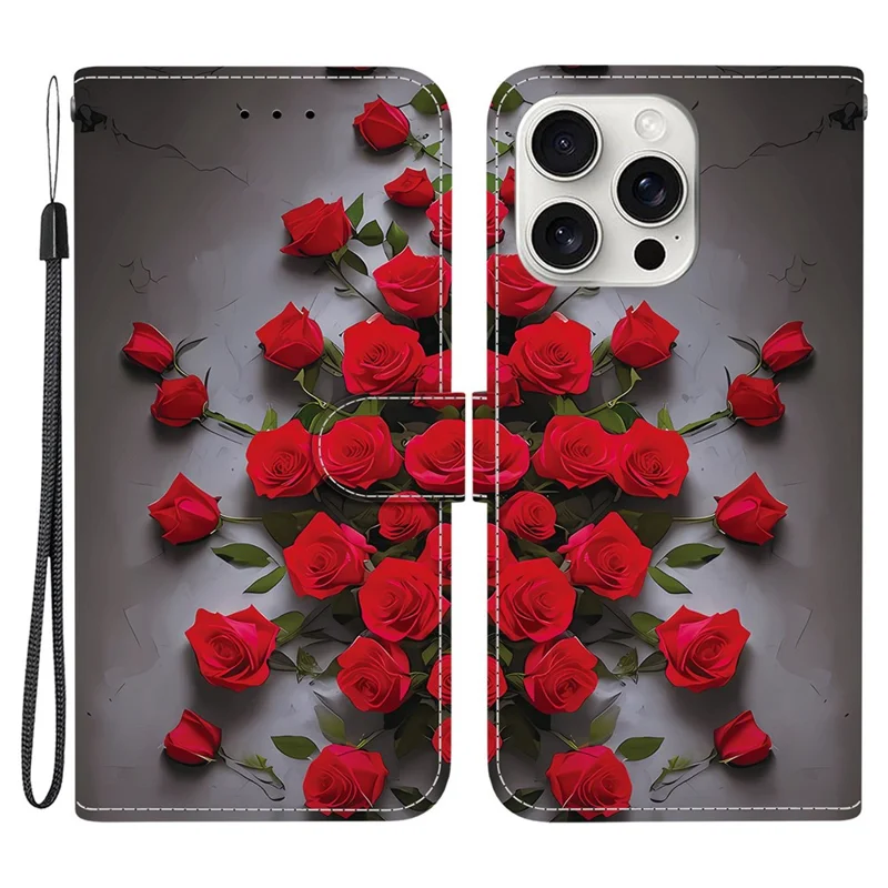 Для iPhone 16 Pro Max Кожаный чехол Подставка Бумажник Узор Печать Чехол для телефона с ремешком на запястье - Красная роза