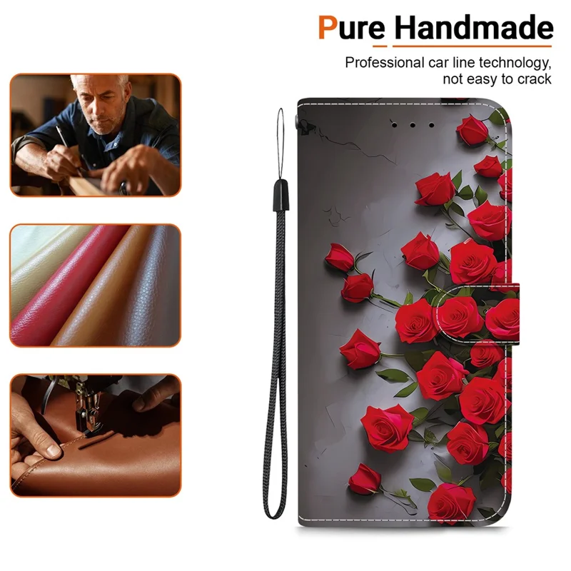 Funda de Cuero con Soporte y Cartera para Samsung Galaxy S24 FE - Estampado de Patrón con Correa de Muñeca - Rosa Rojo