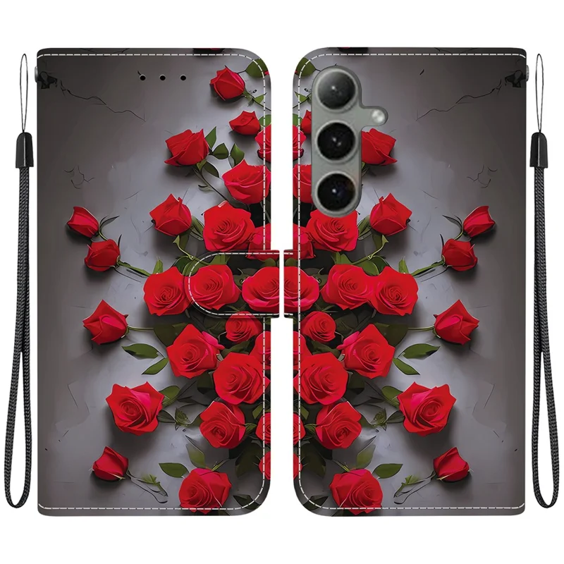 Étui en cuir avec support et portefeuille pour Samsung Galaxy S25 / S24, motif imprimé, avec dragonne - Rose rouge