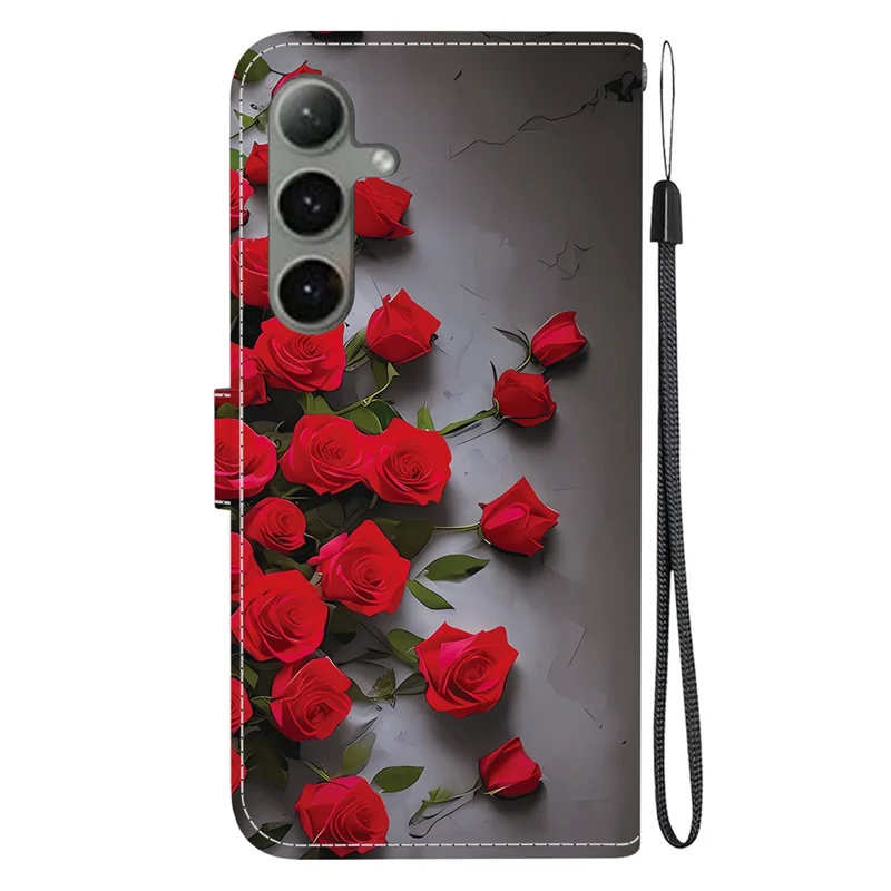 Étui en cuir avec support et portefeuille pour Samsung Galaxy S25 / S24, motif imprimé, avec dragonne - Rose rouge