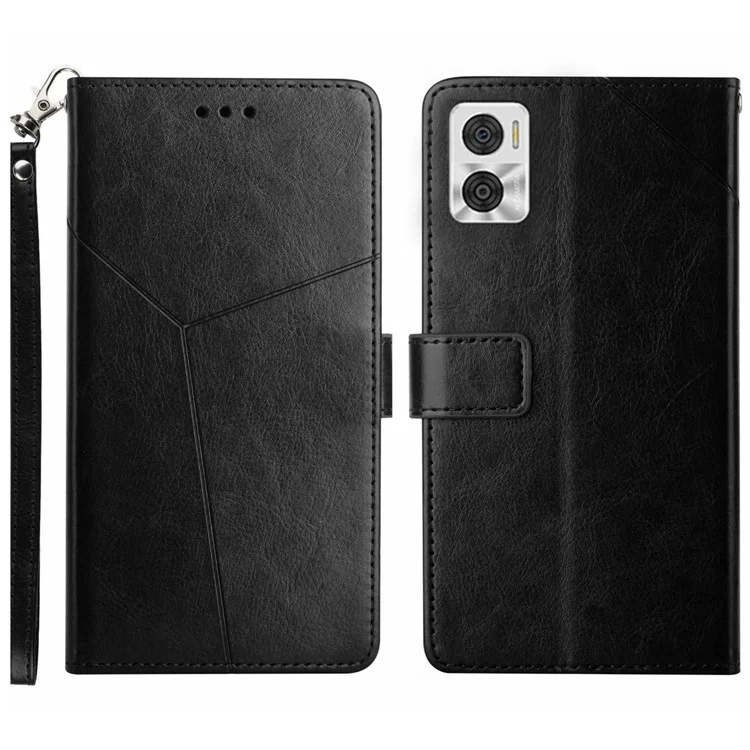 For Motorola Moto E22i 4G / E22 4G HT01 Flip Leather Wallet Case Stand Imprinted Y-Shaped Lines Magnetic Shockproof Phone Cover with Strap - Black