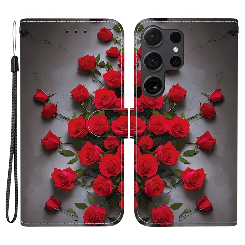 Pour Samsung Galaxy S25 Ultra Étui en Cuir avec Support et Portefeuille, Motif Imprimé, Housse de Téléphone avec Dragonne - Rose Rouge