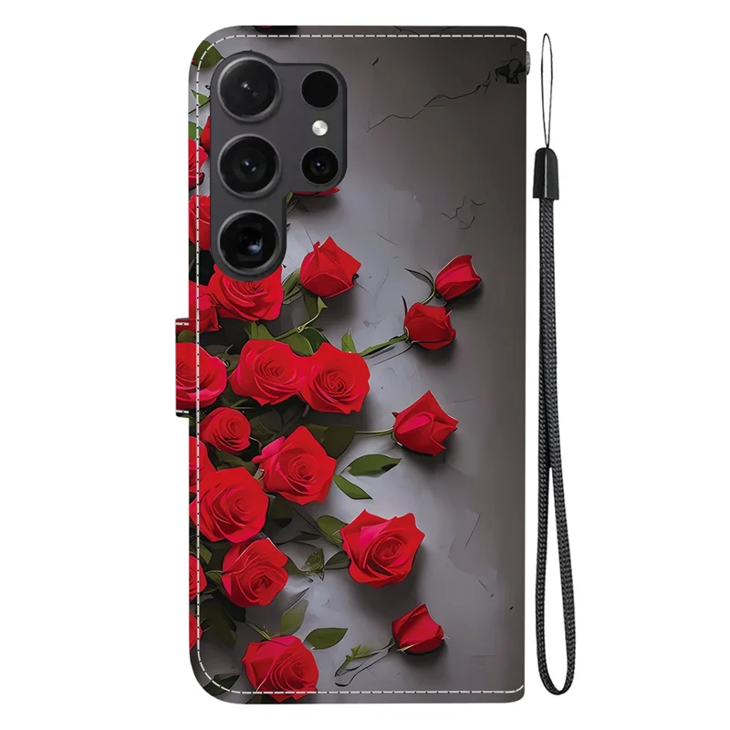 Pour Samsung Galaxy S25 Ultra Étui en Cuir avec Support et Portefeuille, Motif Imprimé, Housse de Téléphone avec Dragonne - Rose Rouge
