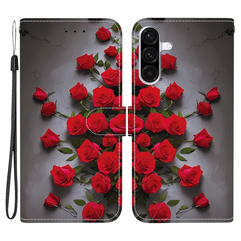 Étui en cuir pour Samsung Galaxy A26 5G avec support et portefeuille - Motif imprimé, housse de téléphone avec lanière de poignet - Rose rouge