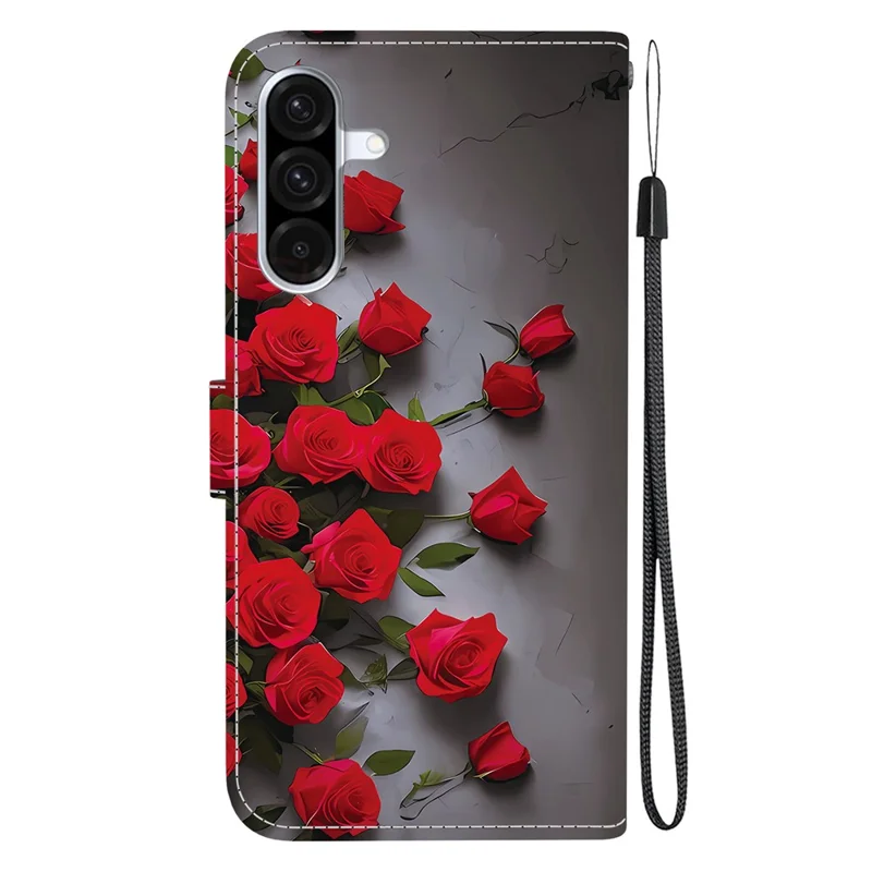 Étui en cuir pour Samsung Galaxy A26 5G avec support et portefeuille - Motif imprimé, housse de téléphone avec lanière de poignet - Rose rouge