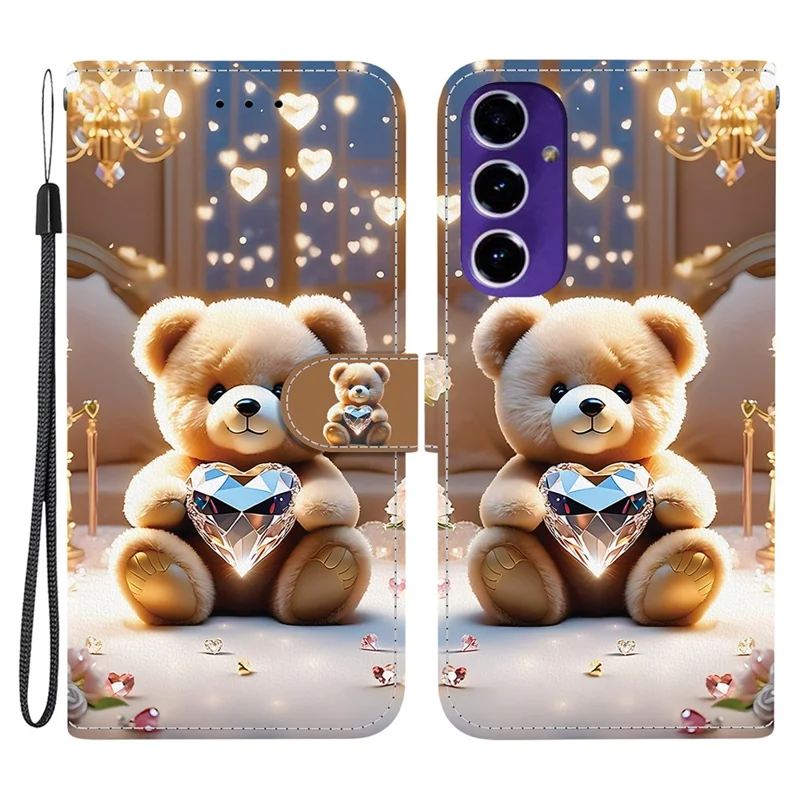 Étui en cuir pour Samsung Galaxy A17 5G avec support de portefeuille, motif imprimé et dragonne - Ours en diamant