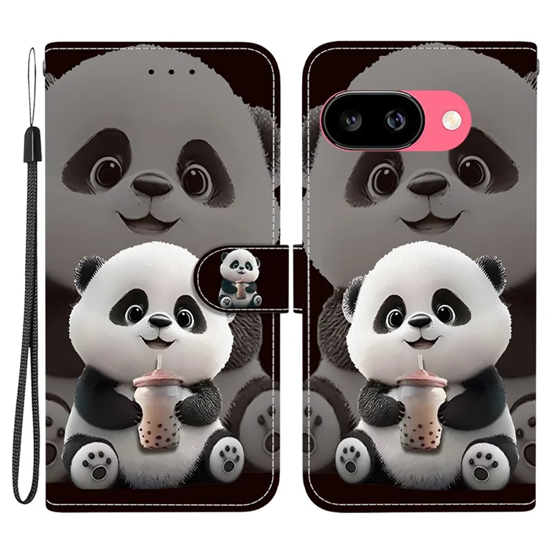 For Google Pixel 9a Leather Case Stand Wallet Pattern Printing Phone Cover with Wrist Strap - Milk Tea Panda
