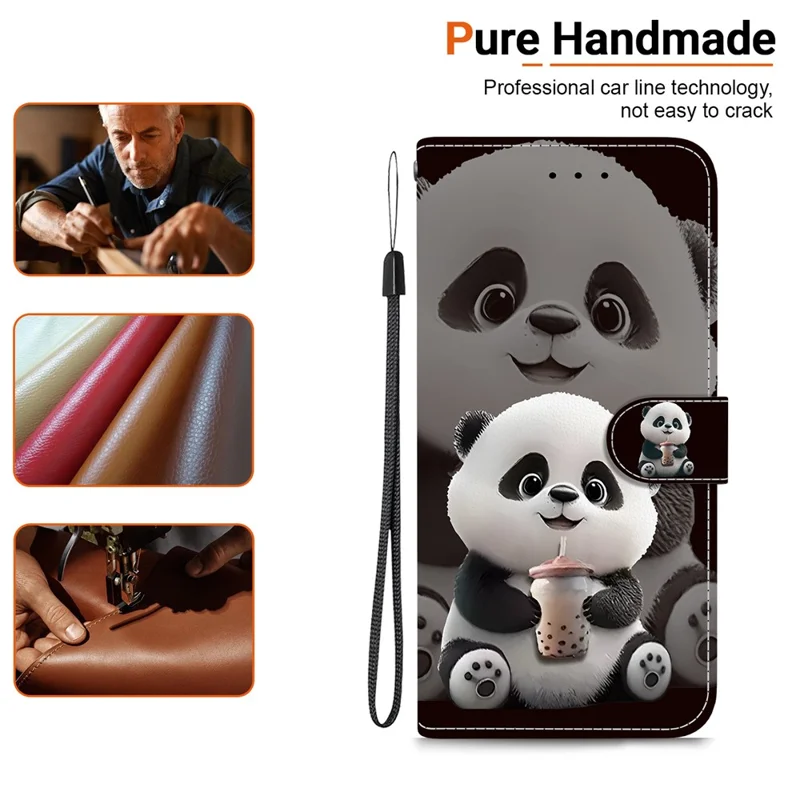 For Google Pixel 9a Leather Case Stand Wallet Pattern Printing Phone Cover with Wrist Strap - Milk Tea Panda