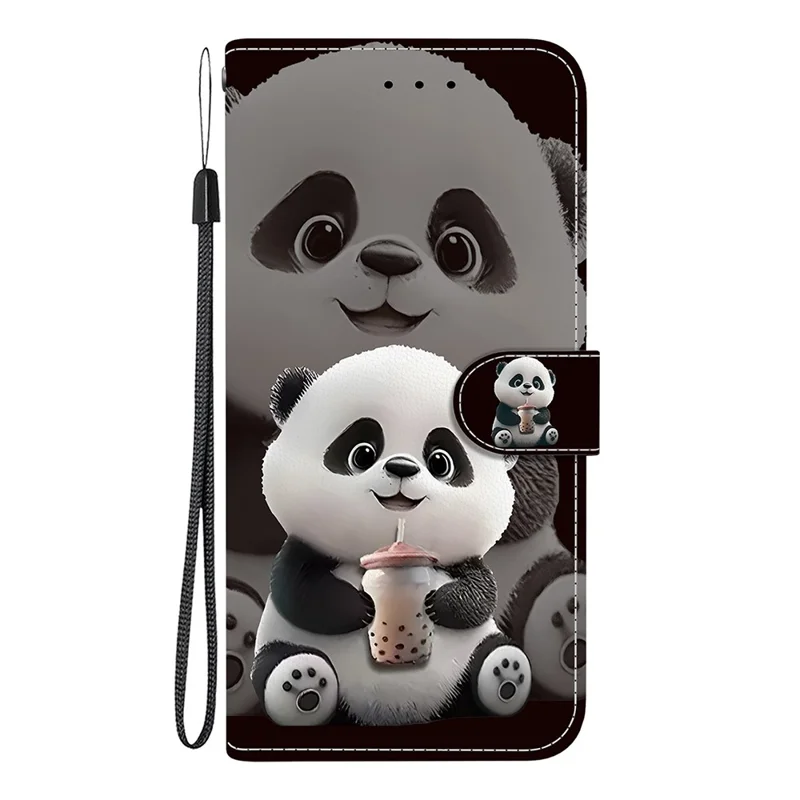 For Google Pixel 9a Leather Case Stand Wallet Pattern Printing Phone Cover with Wrist Strap - Milk Tea Panda