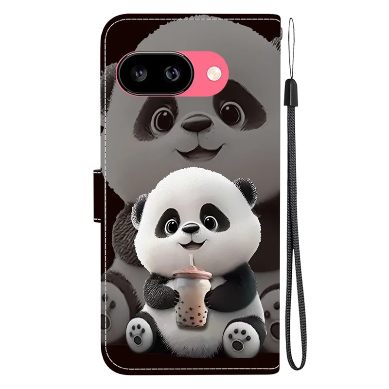 For Google Pixel 9a Leather Case Stand Wallet Pattern Printing Phone Cover with Wrist Strap - Milk Tea Panda