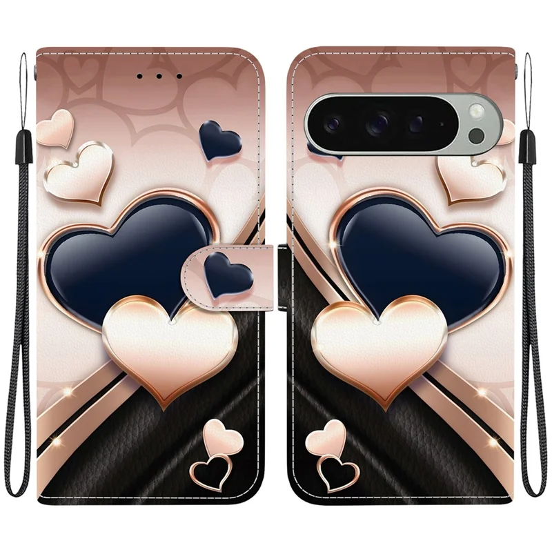Funda de cuero con soporte y estampado para Google Pixel 9 Pro / Pixel 9 con correa de muñeca - Amor
