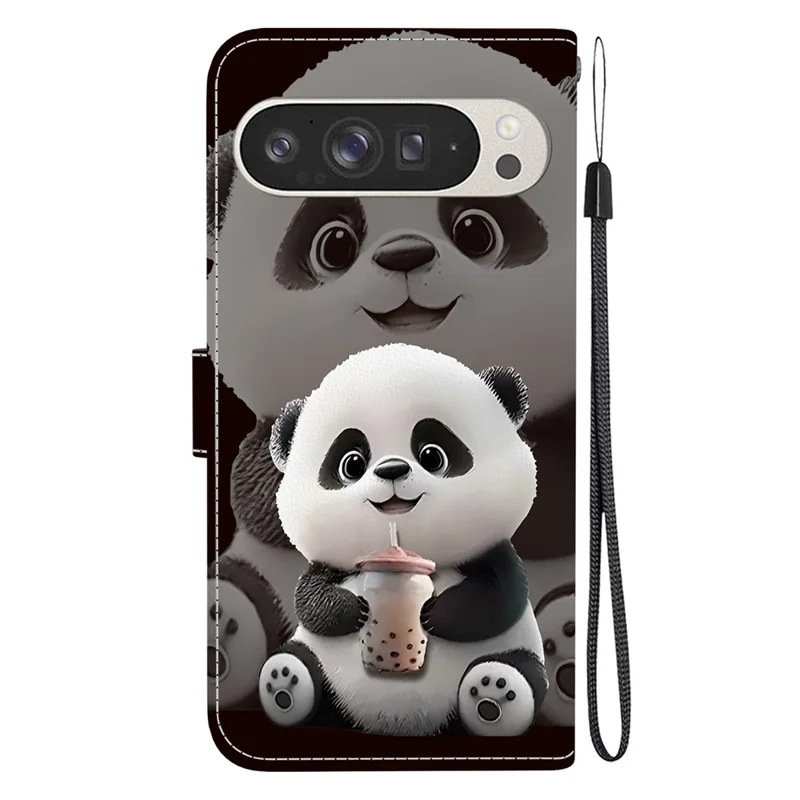 For Google Pixel 9 Pro XL Leather Case Stand Wallet Pattern Printing Phone Cover with Wrist Strap - Milk Tea Panda