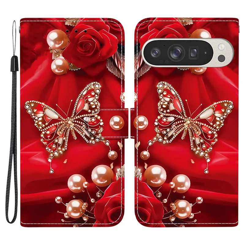 For Google Pixel 9 Pro XL Leather Case Stand Wallet Pattern Printing Phone Cover with Wrist Strap - Pearl Butterfly Rose