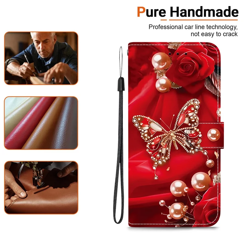For Google Pixel 9 Pro XL Leather Case Stand Wallet Pattern Printing Phone Cover with Wrist Strap - Pearl Butterfly Rose