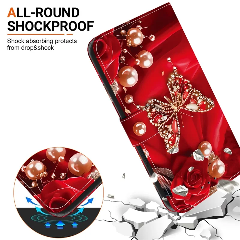 For Google Pixel 9 Pro XL Leather Case Stand Wallet Pattern Printing Phone Cover with Wrist Strap - Pearl Butterfly Rose