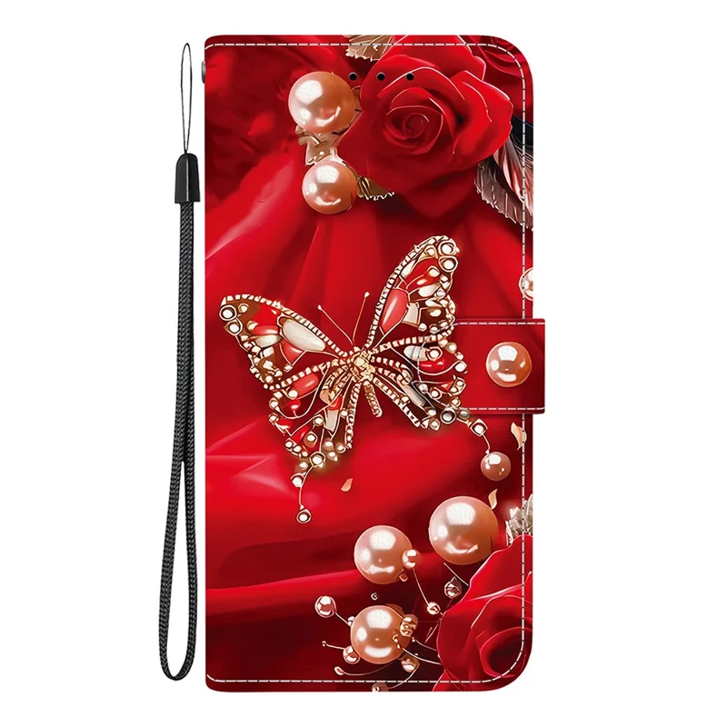 For Google Pixel 9 Pro XL Leather Case Stand Wallet Pattern Printing Phone Cover with Wrist Strap - Pearl Butterfly Rose