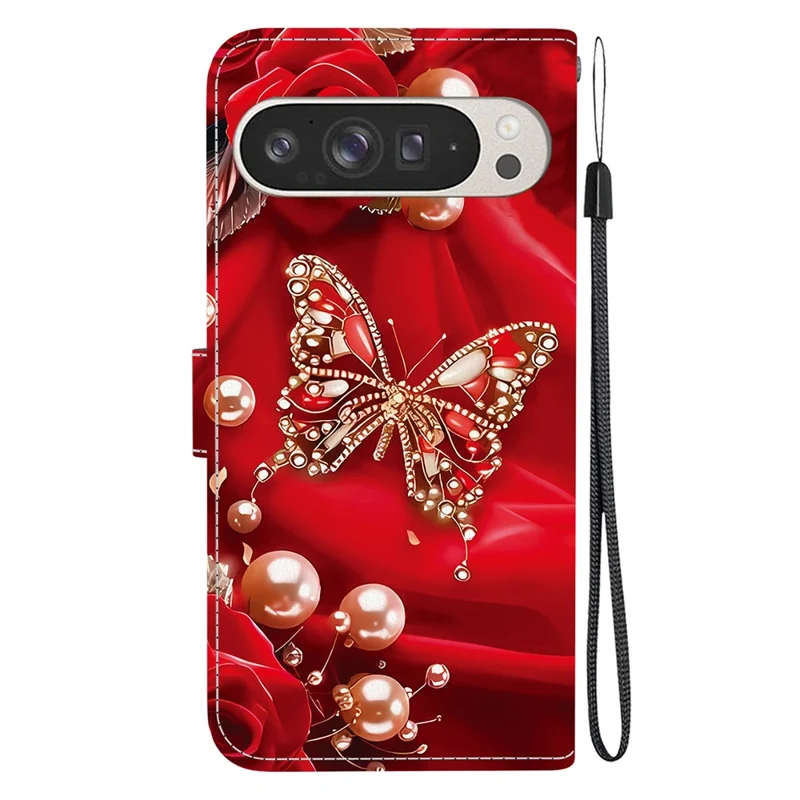 For Google Pixel 9 Pro XL Leather Case Stand Wallet Pattern Printing Phone Cover with Wrist Strap - Pearl Butterfly Rose