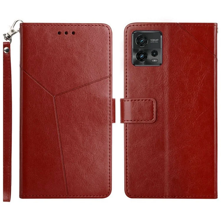 Case de Teléfono Protector de Cuero PU Para Motorola Moto G72 4G, HT01 Líneas en Forma de y Impresas Soporte de Billetera Magnético Cubierta Celular Con Correa - Marrón