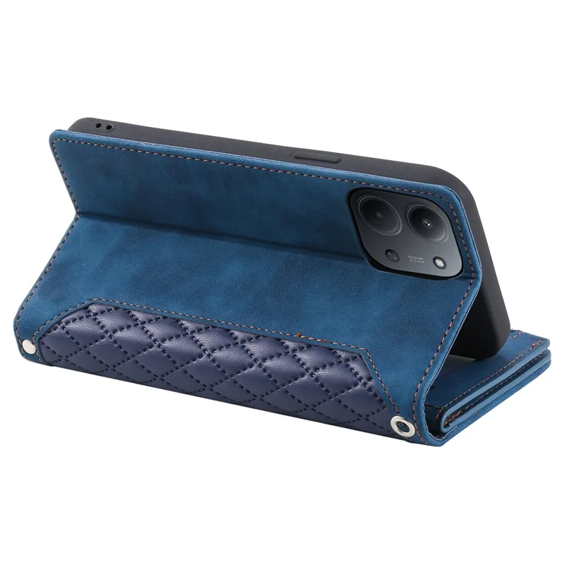 Funda tipo cartera para Xiaomi Redmi 15C 4G (UE) (173mm) con líneas de pespunte de rombos, de cuero PU, con correa de muñeca - Azul