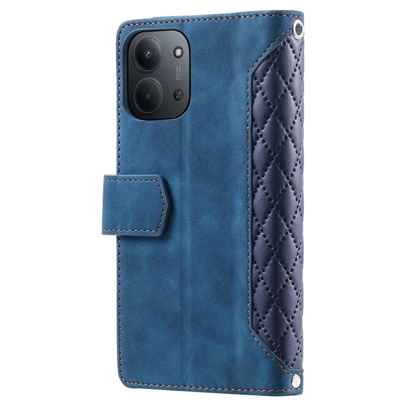 Funda tipo cartera para Xiaomi Redmi 15C 4G (UE) (173mm) con líneas de pespunte de rombos, de cuero PU, con correa de muñeca - Azul