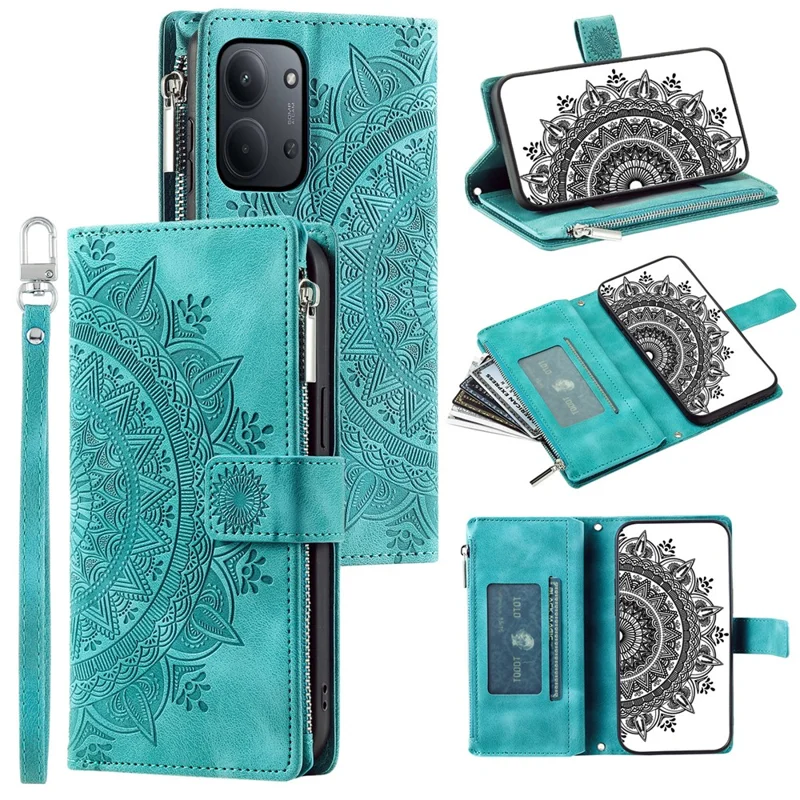 Per Xiaomi Redmi 15C 4G (UE) (173mm) Cover a Portafoglio con Motivo Mandala Floreale in Pelle PU con Cinturino da Polso - Verde Menta