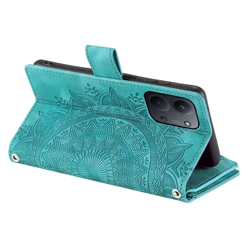 Per Xiaomi Redmi 15C 4G (UE) (173mm) Cover a Portafoglio con Motivo Mandala Floreale in Pelle PU con Cinturino da Polso - Verde Menta