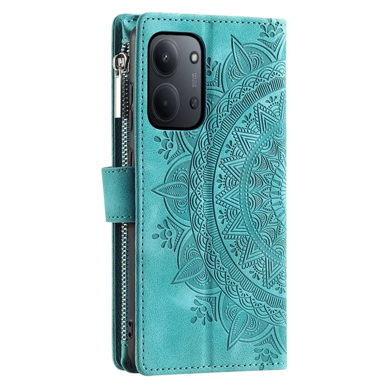 Per Xiaomi Redmi 15C 4G (UE) (173mm) Cover a Portafoglio con Motivo Mandala Floreale in Pelle PU con Cinturino da Polso - Verde Menta