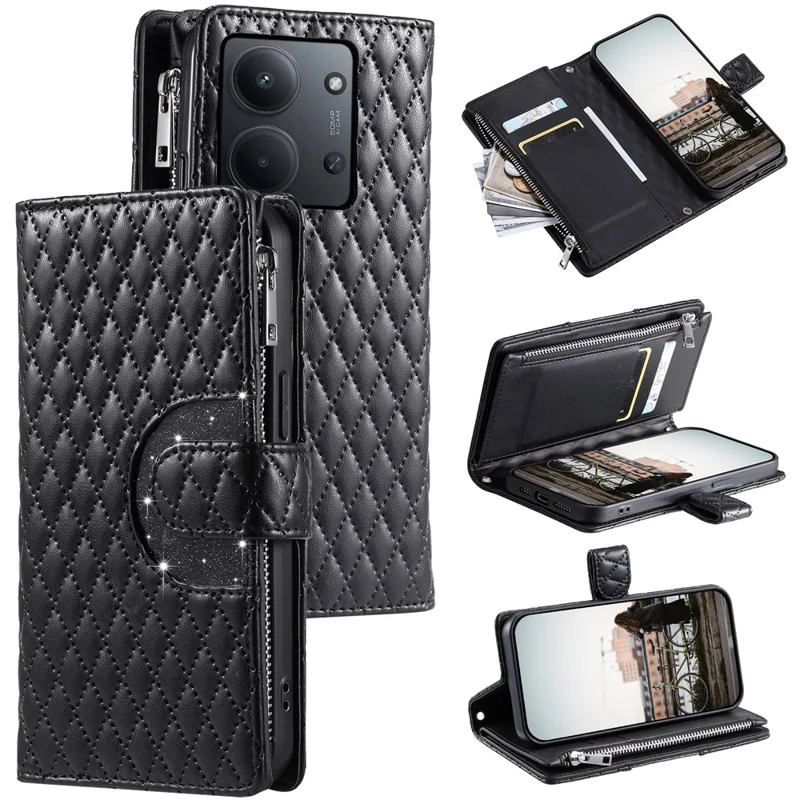 Para Xiaomi Redmi 15C 4G (UE) (173mm) Capa com Bolso de Zíper, Glitter em Couro, Capa de Celular com Alça de Pulso - Preto