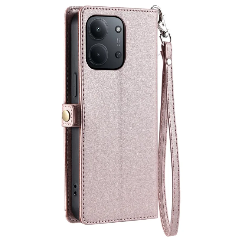 For Xiaomi Redmi 15C 5G (EU) (173mm) / 15C 4G (EU) (173mm) Leather Case with Wrist Strap Wallet Stand Phone Cover - Rose Gold