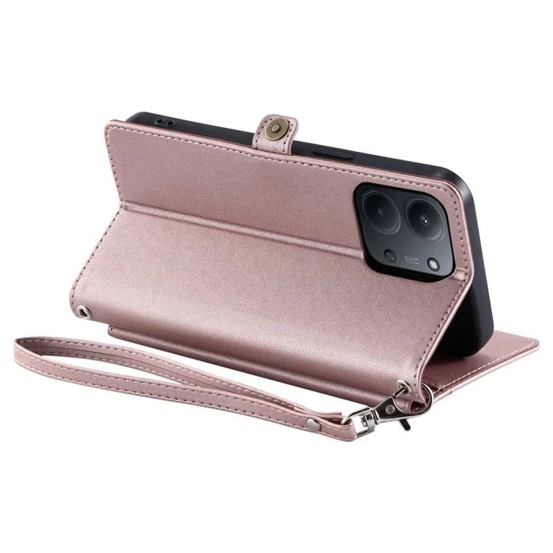 For Xiaomi Redmi 15C 5G (EU) (173mm) / 15C 4G (EU) (173mm) Leather Case with Wrist Strap Wallet Stand Phone Cover - Rose Gold